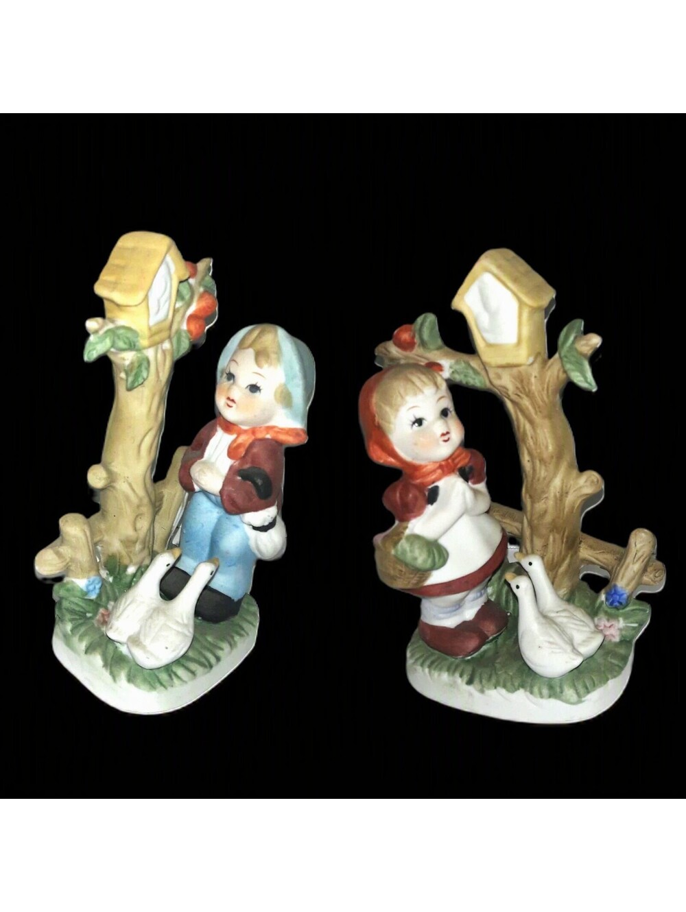 Davar Japan Porcelain Figurine Set of 2 Boy & Girl Praying Birdhouse Geese Bird